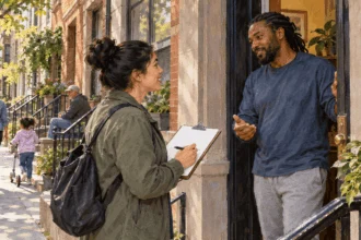 Conceptual painting of a census worker listening to a resident outside a multifamily building.