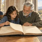 Conceptual watercolor painting of family explores blank historical census ledger.