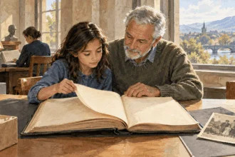 Conceptual watercolor painting of family explores blank historical census ledger.
