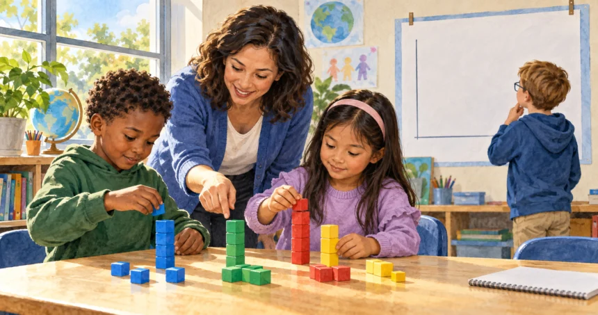 Teacher guides children arranging counting blocks for a data lesson.
