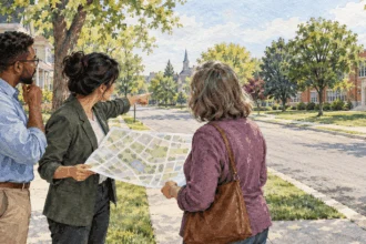 Conceptual watercolor painting of planners compare city map with street conditions.