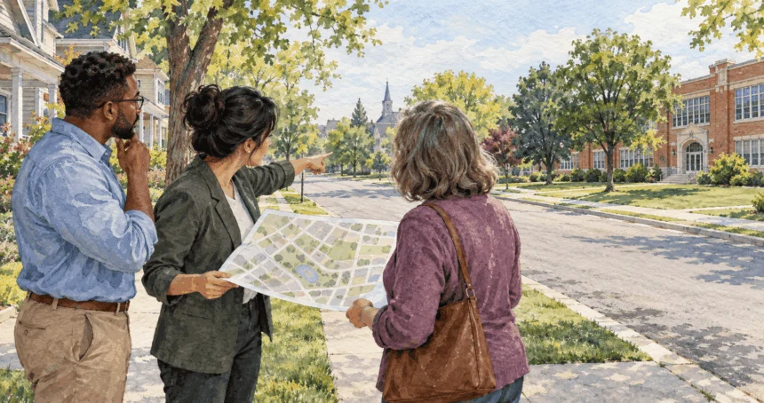 Conceptual watercolor painting of planners compare city map with street conditions.