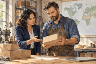 Conceptual watercolor painting of trade adviser and business owner examine a product sample.