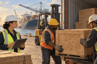 Conceptual painting of port workers reviewing unmarked cargo crates.