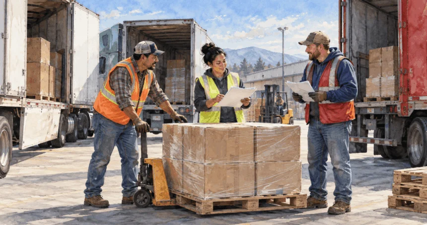 Conceptual watercolor painting of workers coordinate freight across a yard.