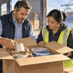 Painted illustration of two workers looking at goods in a carton at a portside warehouse.