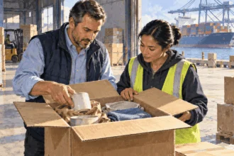 Painted illustration of two workers looking at goods in a carton at a portside warehouse.