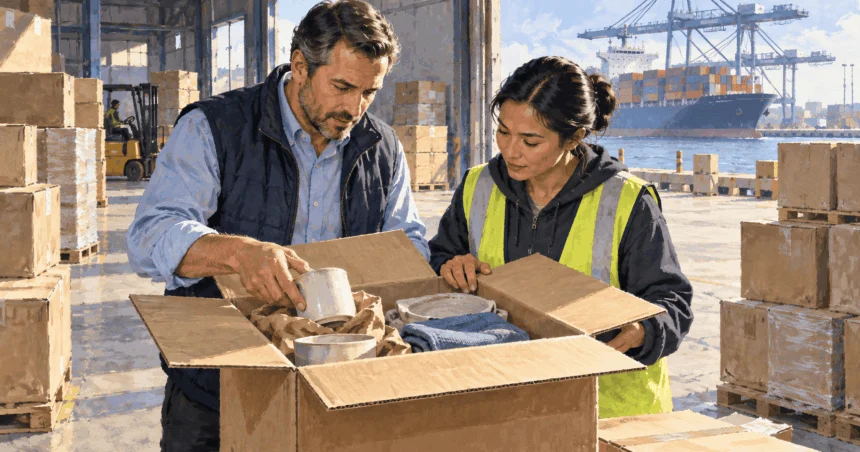 Painted illustration of two workers looking at goods in a carton at a portside warehouse.