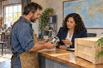 Conceptual painting of a workshop owner showing a product sample to a trade adviser.