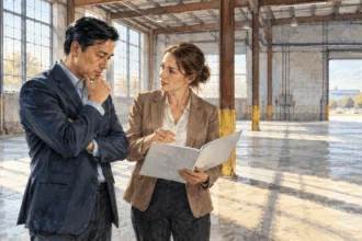 Conceptual watercolor painting of investor tours a possible business site.