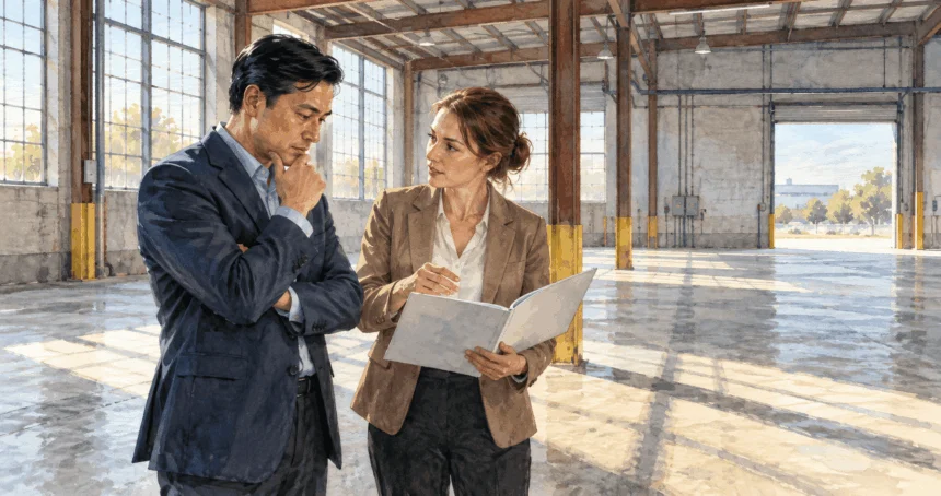 Conceptual watercolor painting of investor tours a possible business site.