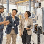 Conceptual painting of local workers and international partners discussing a factory expansion.