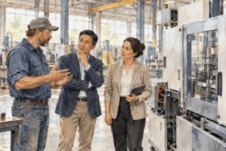 Conceptual painting of local workers and international partners discussing a factory expansion.