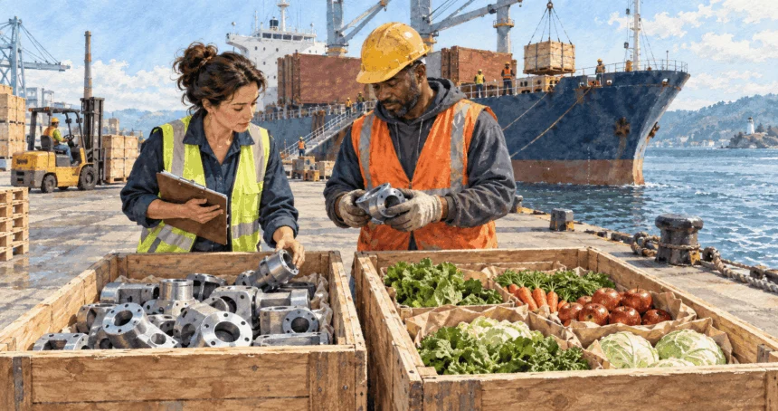 Conceptual painting of workers preparing different American goods for export.