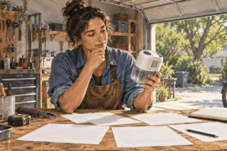 Conceptual painting of an inventor testing a prototype beside blank sketches in a workshop.