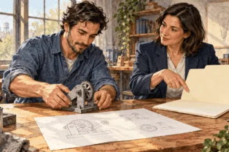 Conceptual watercolor painting of inventor and adviser review a prototype.