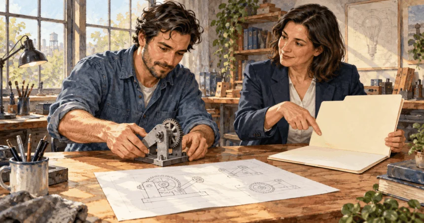 Conceptual watercolor painting of inventor and adviser review a prototype.