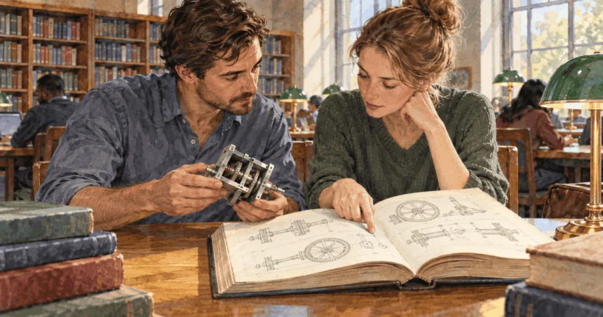 Conceptual watercolor painting of inventor compares prototype with earlier technical work.