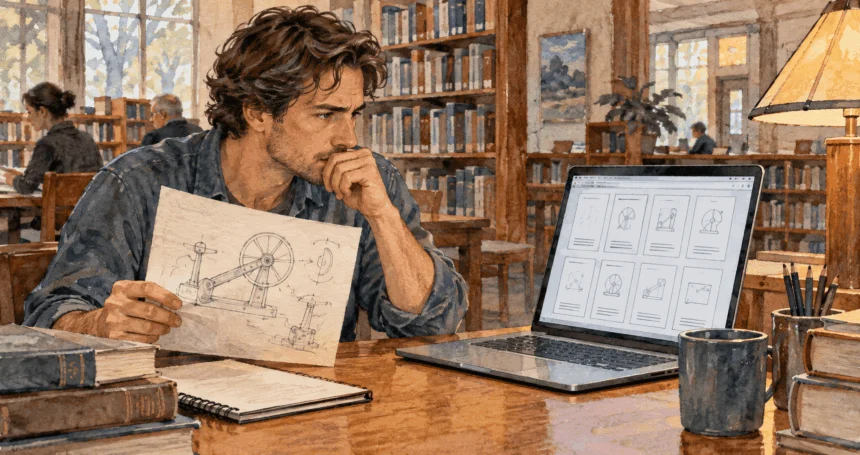Conceptual painting of an inventor searching earlier patent documents.
