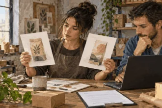 Small-business owners compare packaging designs before applying for a trademark.