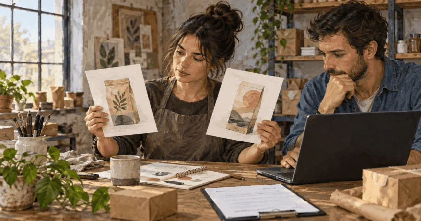 Small-business owners compare packaging designs before applying for a trademark.