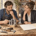 Conceptual painting of an inventor discussing patent protection for a prototype.