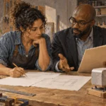 Conceptual painting of an inventor and adviser planning patent costs.