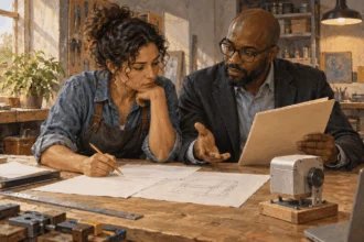Conceptual painting of an inventor and adviser planning patent costs.