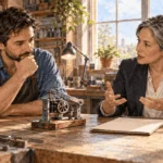 Conceptual watercolor painting of inventor and adviser discuss a prototype and application folder.
