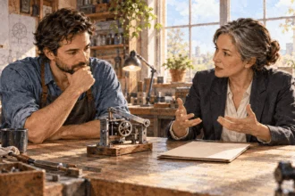 Conceptual watercolor painting of inventor and adviser discuss a prototype and application folder.