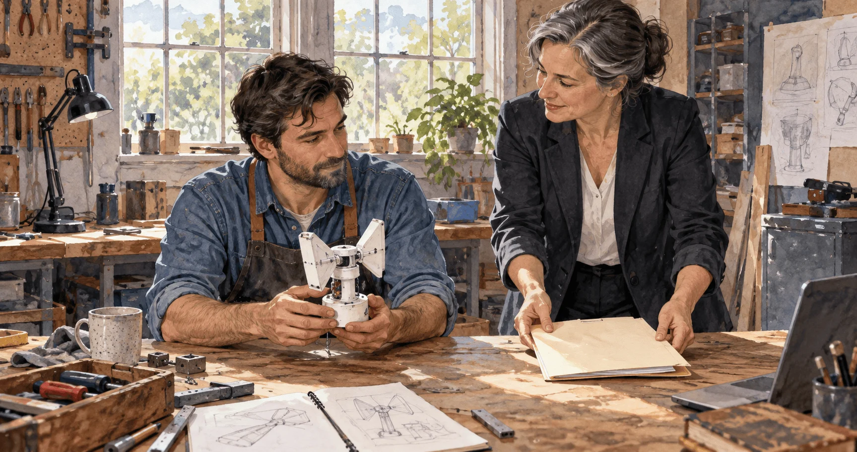 Conceptual watercolor of an inventor and adviser considering a prototype and blank application folder.