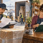 Painted illustration comparing an import shipment review at a port with a shopkeeper reviewing local papers.