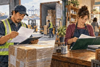 Painted illustration comparing an import shipment review at a port with a shopkeeper reviewing local papers.