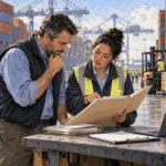Conceptual painting of an importer and customs broker reviewing documents beside cargo at a port.