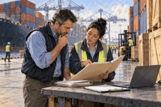 Conceptual painting of an importer and customs broker reviewing documents beside cargo at a port.