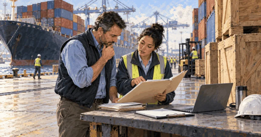 Conceptual painting of an importer and customs broker reviewing documents beside cargo at a port.