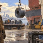 Painted illustration of a steelworker and an auto-parts worker stand on opposite sides of a working loading dock where steel is unloaded, conveying different consequences of a tariff without winners branded as such.