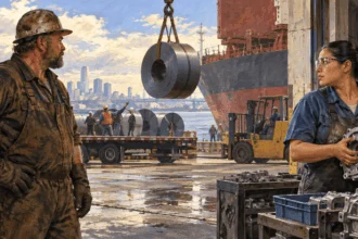 Painted illustration of a steelworker and an auto-parts worker stand on opposite sides of a working loading dock where steel is unloaded, conveying different consequences of a tariff without winners branded as such.