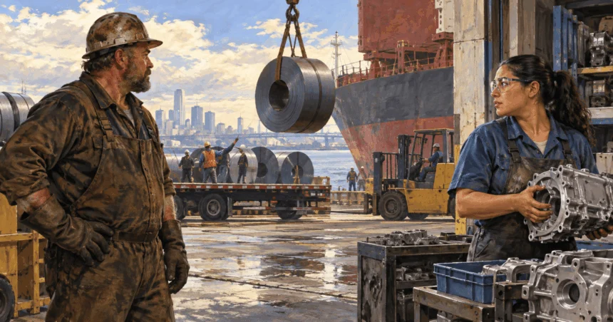 Painted illustration of a steelworker and an auto-parts worker stand on opposite sides of a working loading dock where steel is unloaded, conveying different consequences of a tariff without winners branded as such.