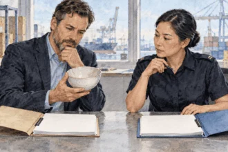 Conceptual painting of an importer and broker reviewing how a tariff would be calculated.
