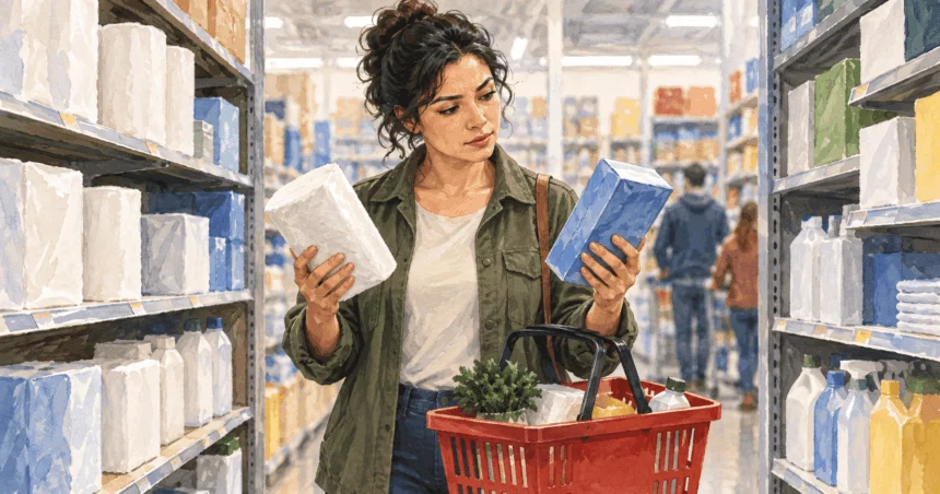 Conceptual painting of a shopper comparing two unbranded household products in a retail aisle.