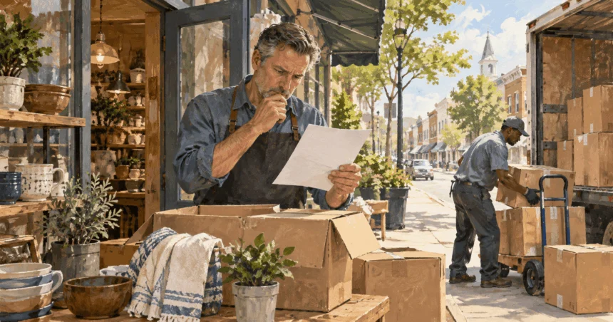 Painted illustration of a shop owner checks a blank supplier invoice as a delivery worker unloads imported goods in the background.
