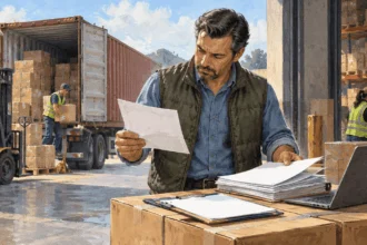 Painted illustration of an importer reviewing shipping documents while goods are unloaded.