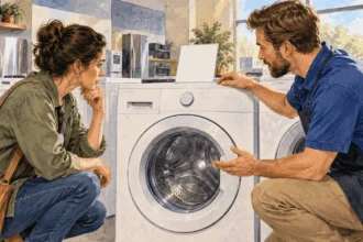 Conceptual watercolor of a shopper and worker considering a washing machine.
