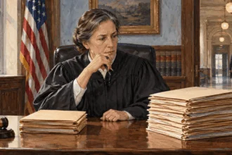 Conceptual painting of a federal judge weighing the scope of a court order.