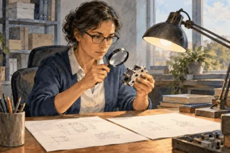 Painted illustration of a patent examiner inspecting a mechanical prototype.