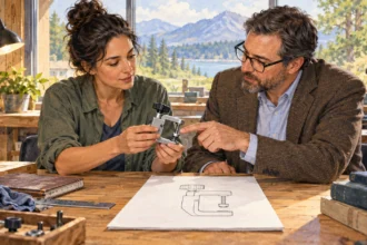 An inventor and attorney compare a device with its drawing.