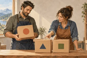 A business owner compares simple marks on product packages.
