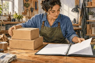 Painted illustration of a small business owner arranging unbranded packages on a worktable.