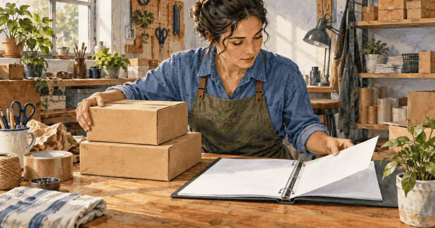 Painted illustration of a small business owner arranging unbranded packages on a worktable.